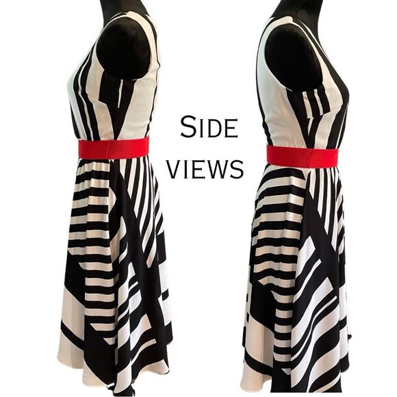 Danny & Nicole Black and White Asymmetrical Midi Dress w/ Red Snap Stretch Belt - Picture 3 of 14